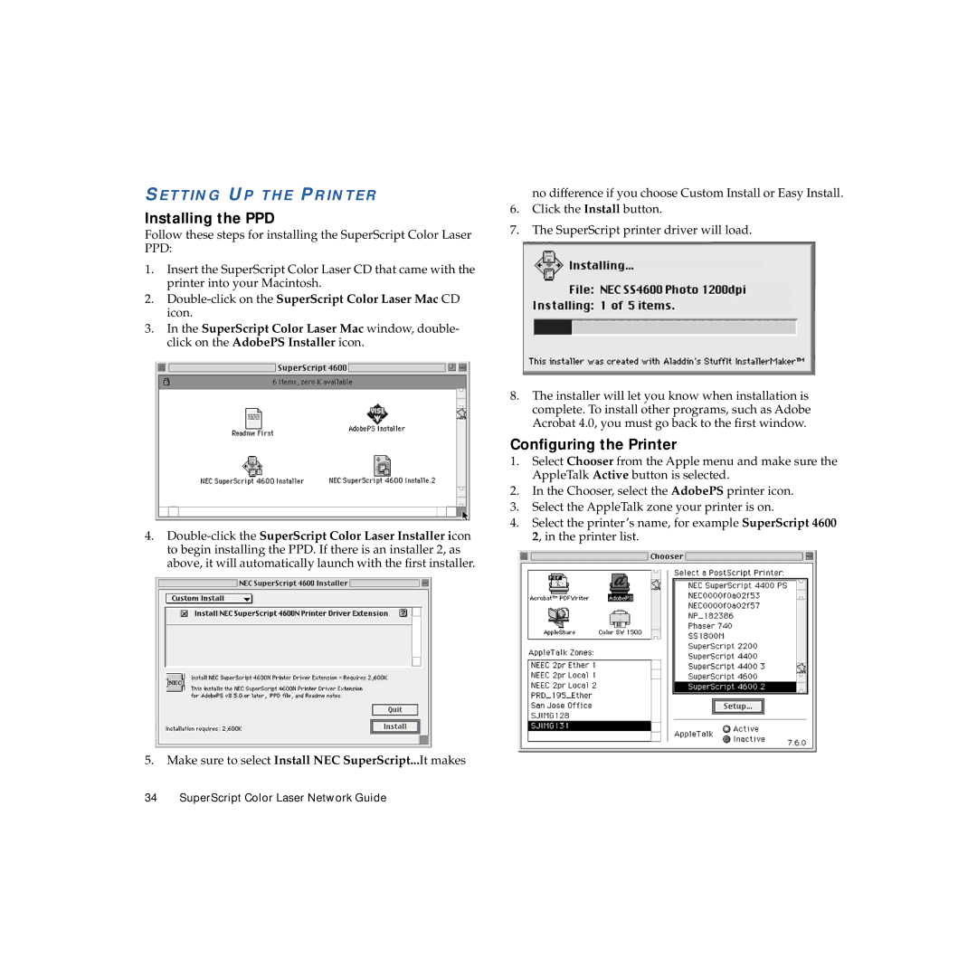 NEC 703-A0368-001 manual Installing the PPD, Conﬁguring the Printer, Setting UP the Printer 