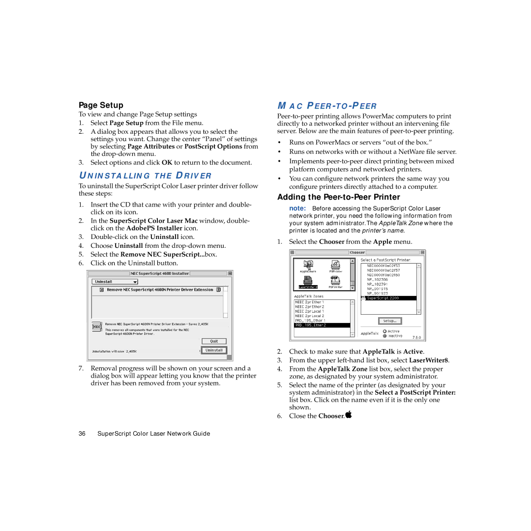 NEC 703-A0368-001 manual Setup, Uninstalling the Driver, Mac Peer-To-Peer 