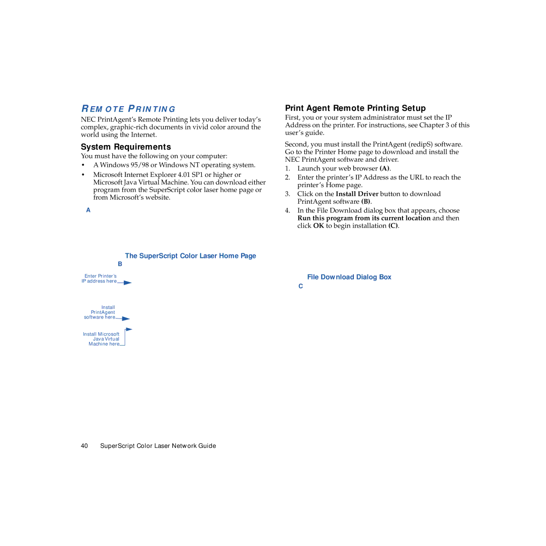 NEC 703-A0368-001 manual System Requirements, Print Agent Remote Printing Setup, SuperScript Color Laser Home 