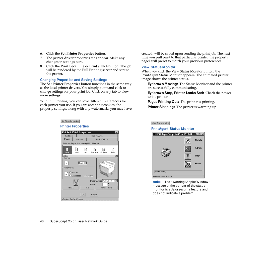 NEC 703-A0368-001 manual Changing Properties and Saving Settings, Printer Properties, View Status Monitor 