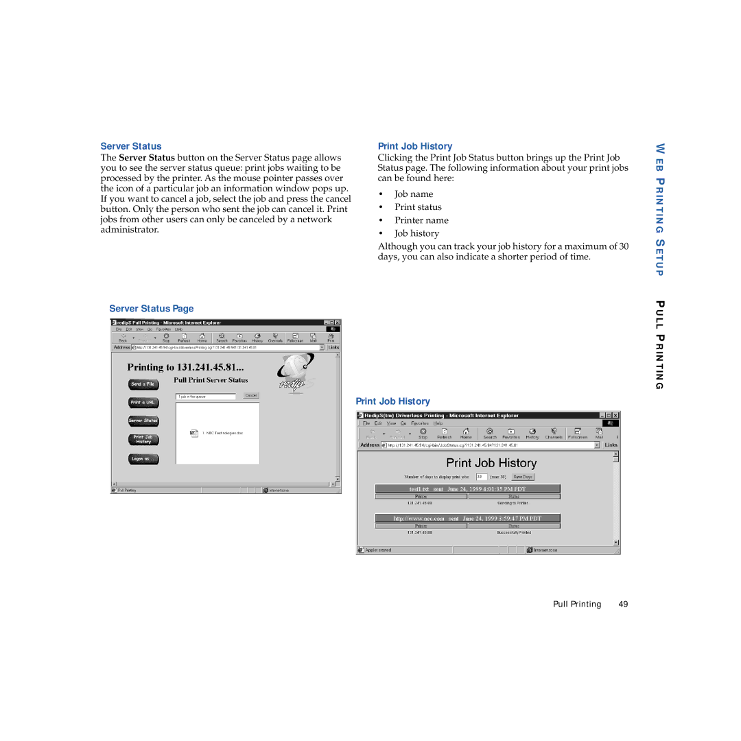 NEC 703-A0368-001 manual Server Status Print Job History 