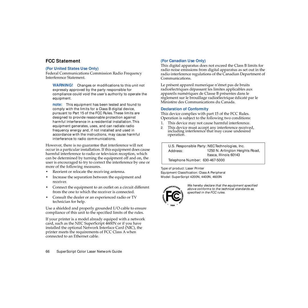 NEC 703-A0368-001 manual FCC Statement, For United States Use Only, For Canadian Use Only, Declaration of Conformity 