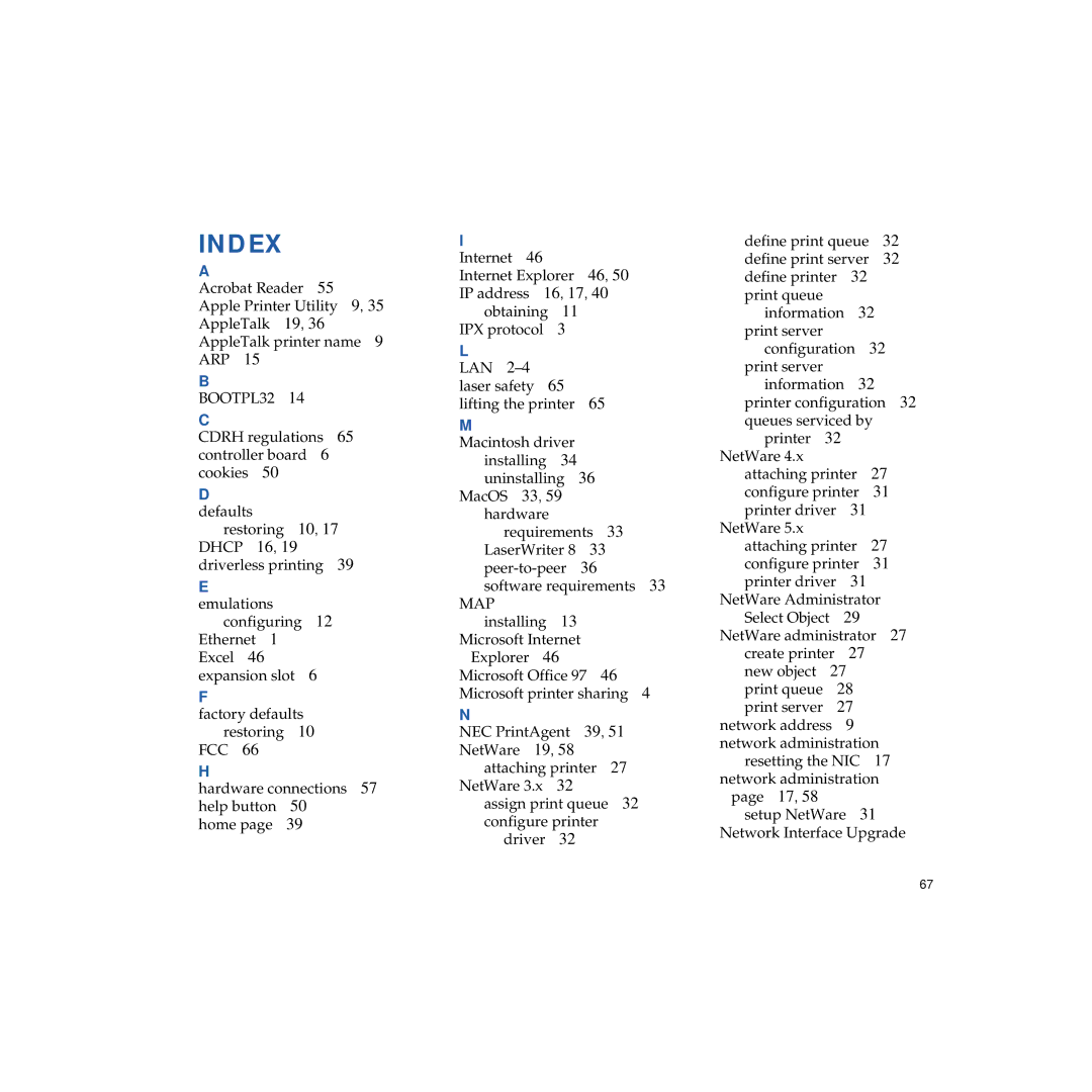 NEC 703-A0368-001 manual Index 