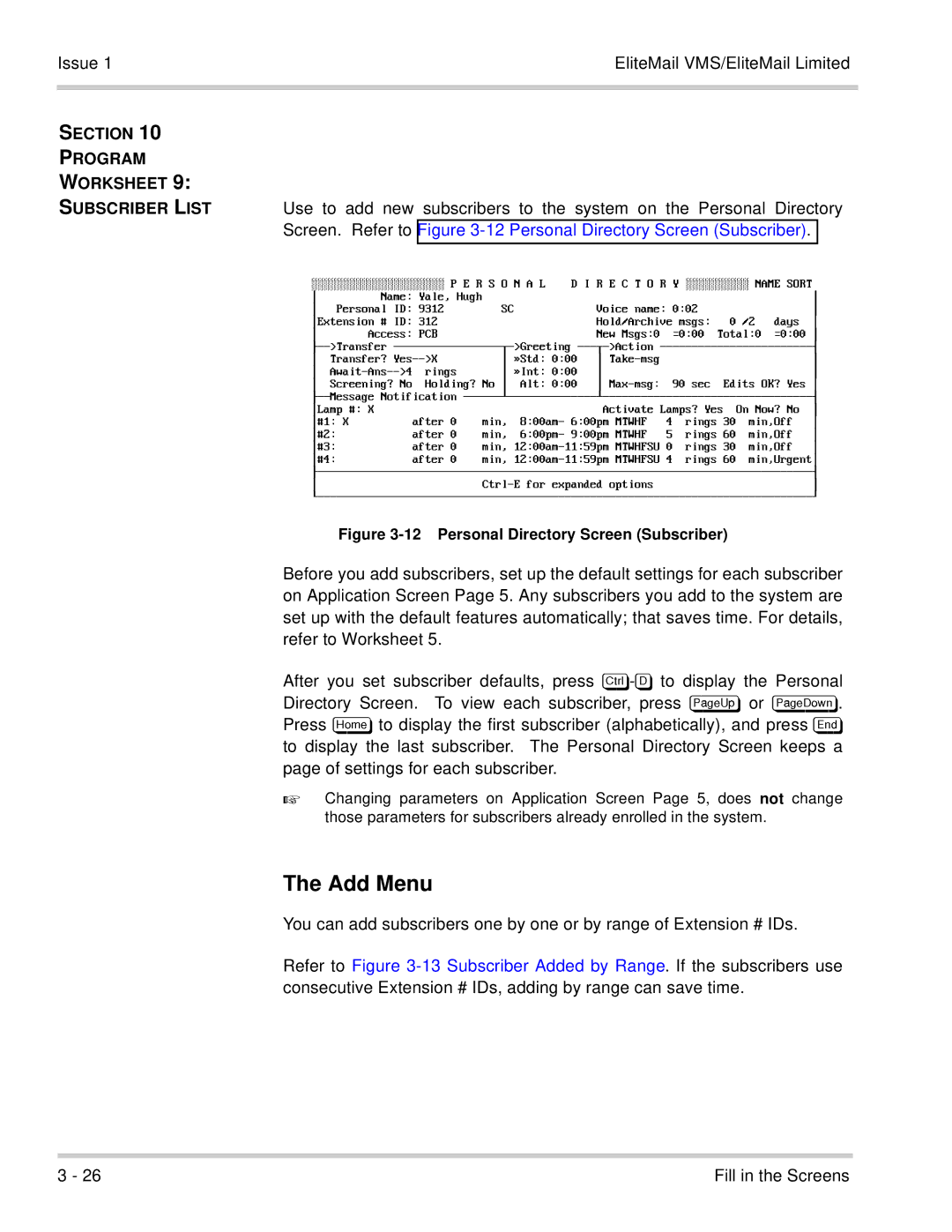 NEC 750176-1 manual Add Menu, Section Program Worksheet Subscriber List 