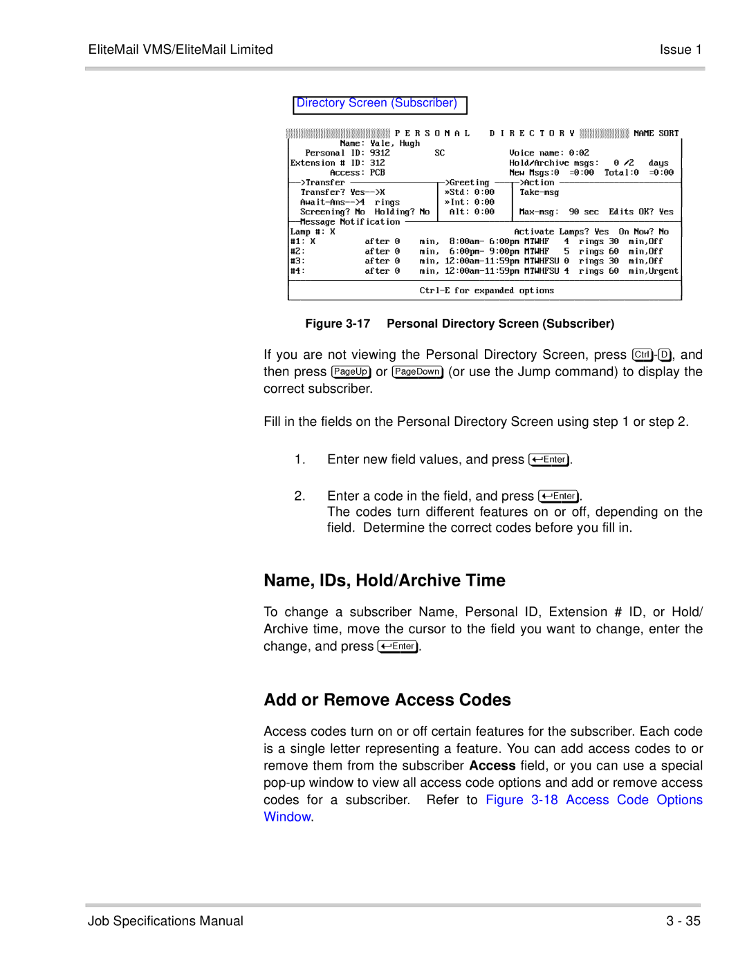 NEC 750176-1 manual Name, IDs, Hold/Archive Time, Add or Remove Access Codes, EliteMail VMS/EliteMail Limited 