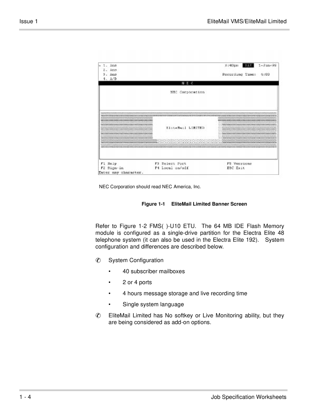 NEC 750176-1 manual EliteMail Limited Banner Screen 