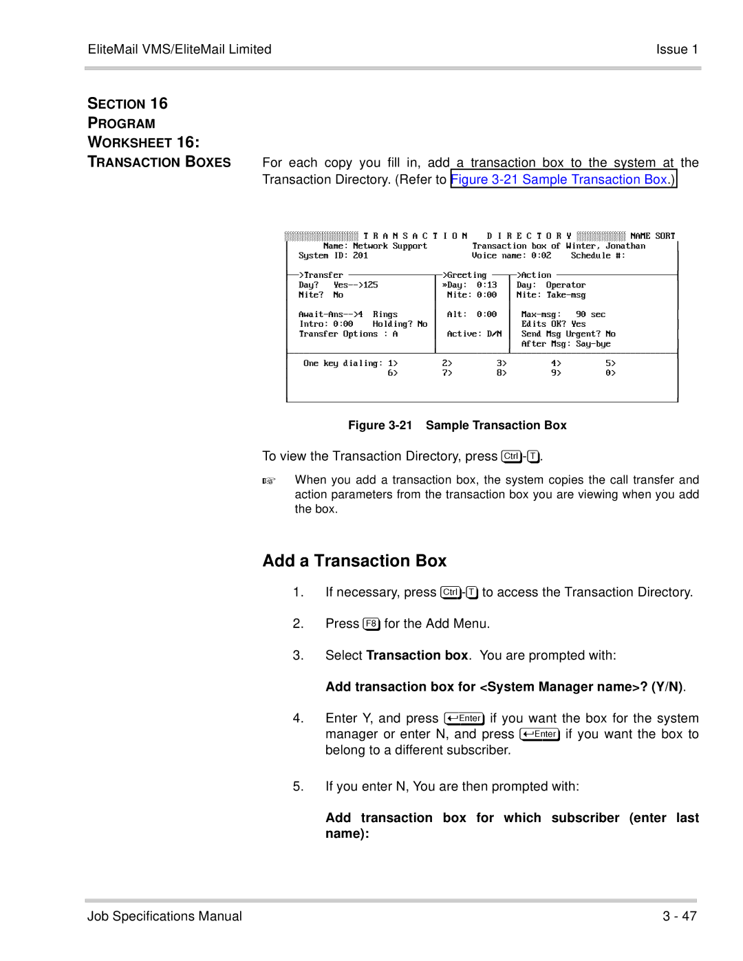 NEC 750176-1 Add a Transaction Box, Program Worksheet Transaction Boxes, Select Transaction box. You are prompted with 