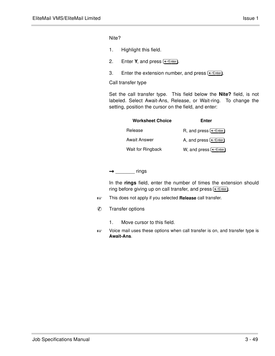 NEC 750176-1 manual Rings, Transfer options Move cursor to this field 