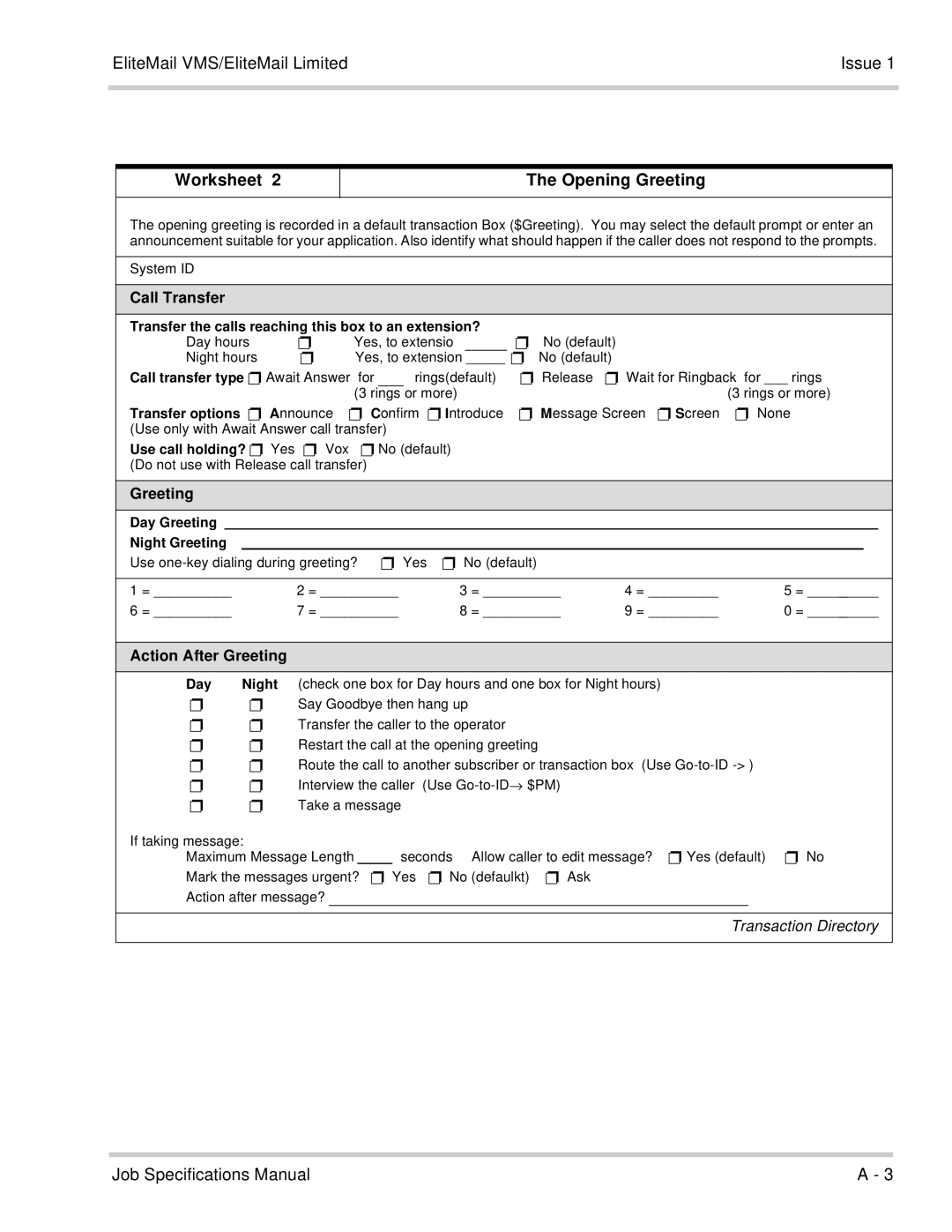 NEC 750176-1 manual Worksheet Opening Greeting, Day Greeting Night Greeting 