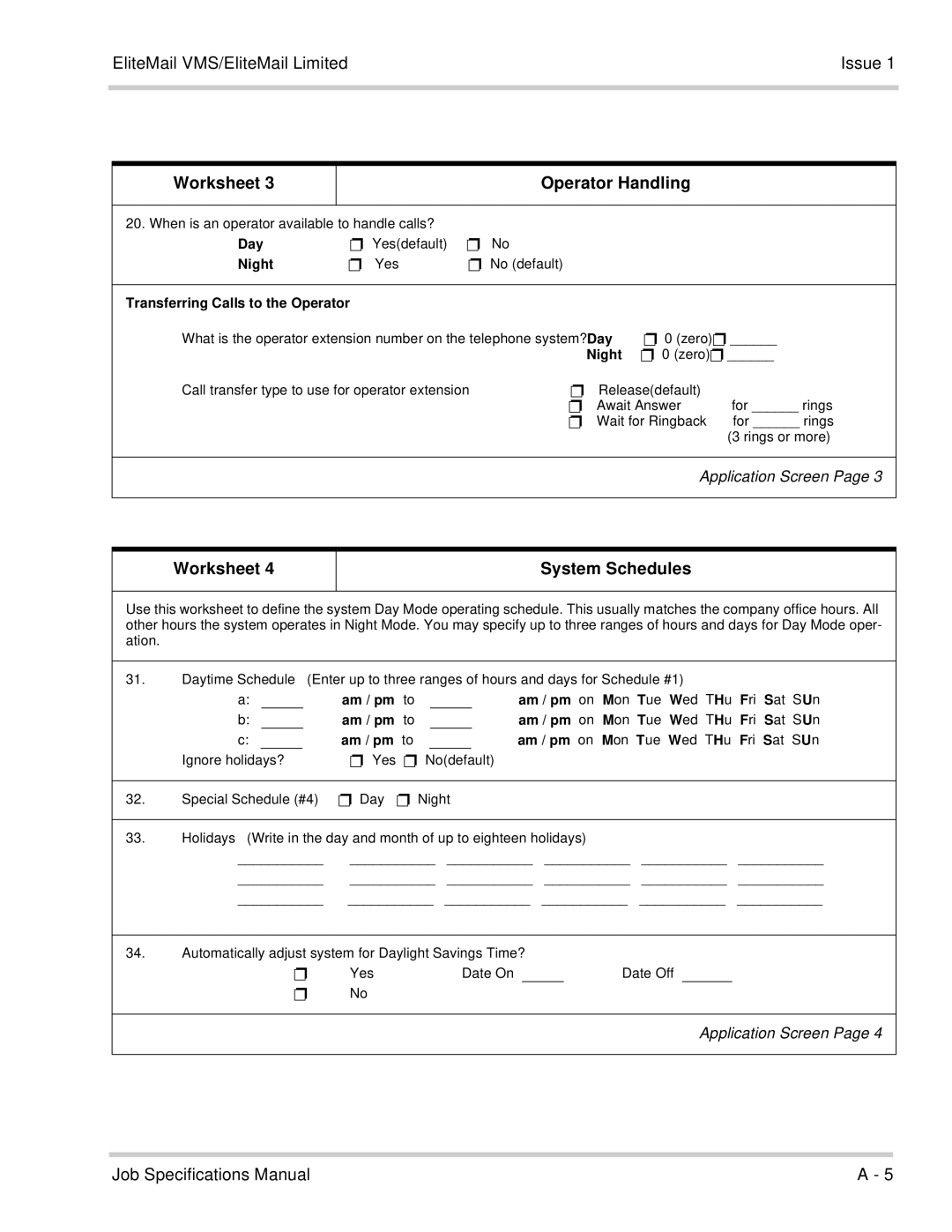 NEC 750176-1 manual Worksheet Operator Handling, Worksheet System Schedules, Transferring Calls to the Operator 