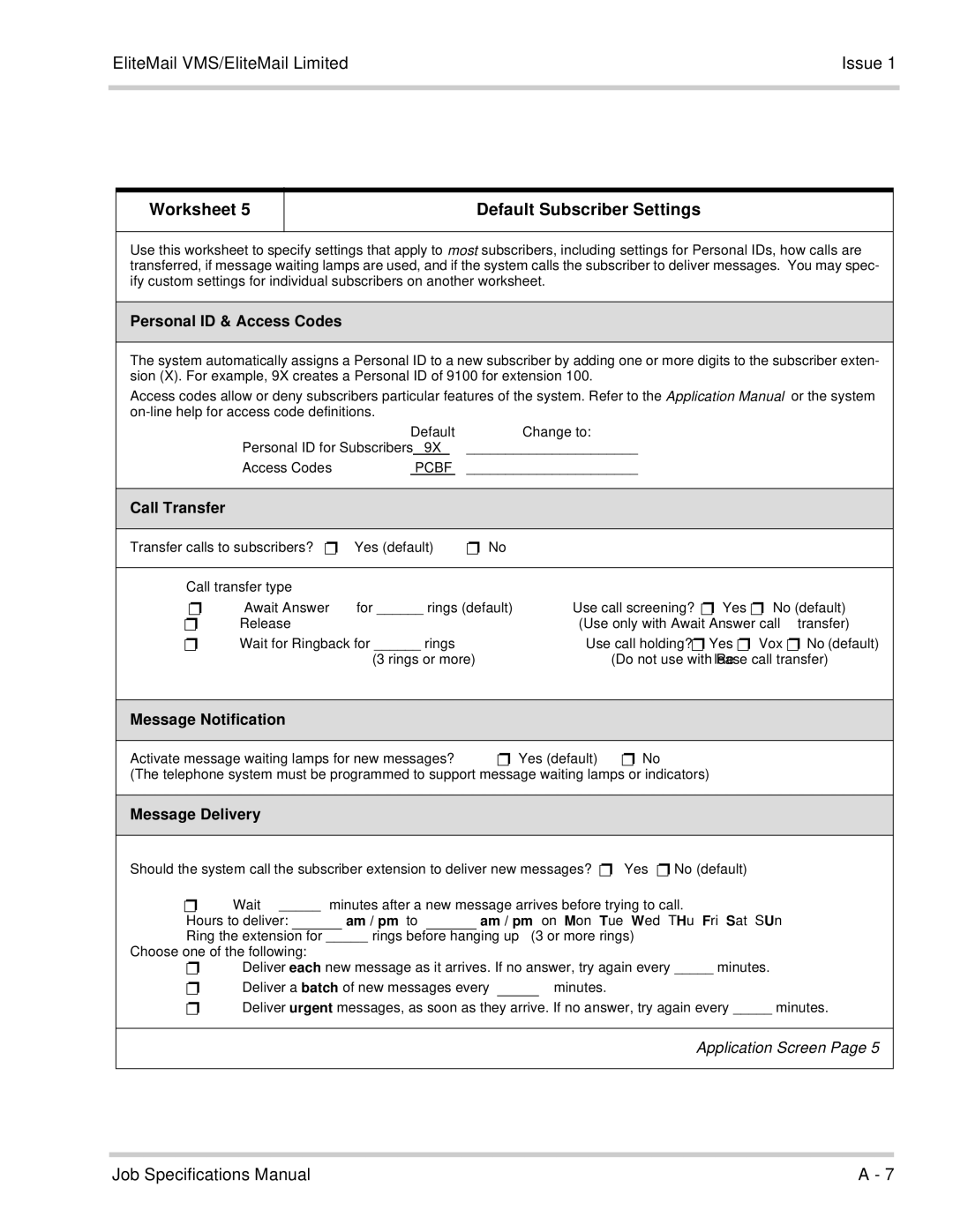 NEC 750176-1 manual Worksheet Default Subscriber Settings, Am / pm to Am / pm on M on 