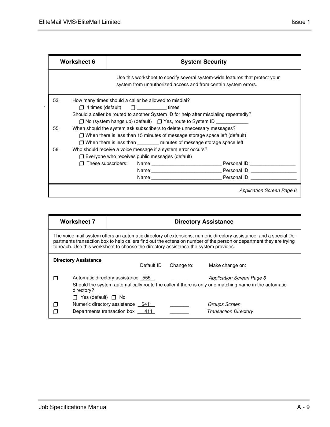 NEC 750176-1 manual Worksheet System Security, Worksheet Directory Assistance 