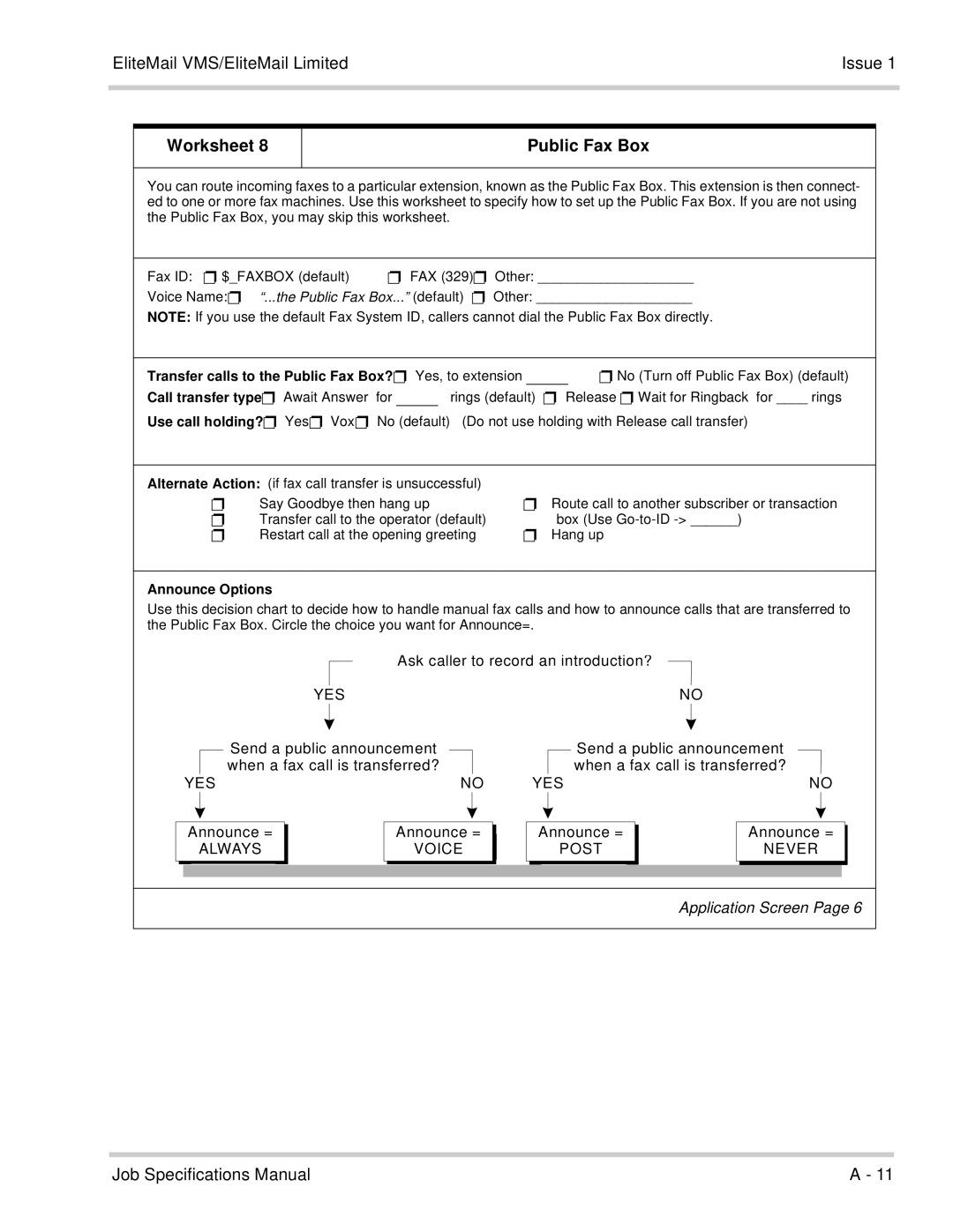 NEC 750176-1 manual Worksheet Public Fax Box, Call transfer type Await Answer for 