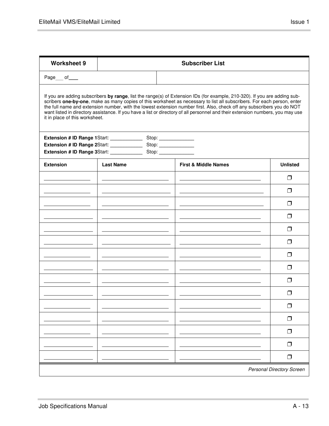 NEC 750176-1 manual Worksheet Subscriber List, Extension # ID Range 1Start, Extension # ID Range 2Start 