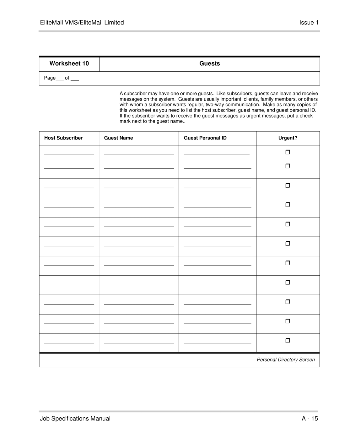 NEC 750176-1 manual Worksheet Guests, Host Subscriber Guest Name Guest Personal ID Urgent? 