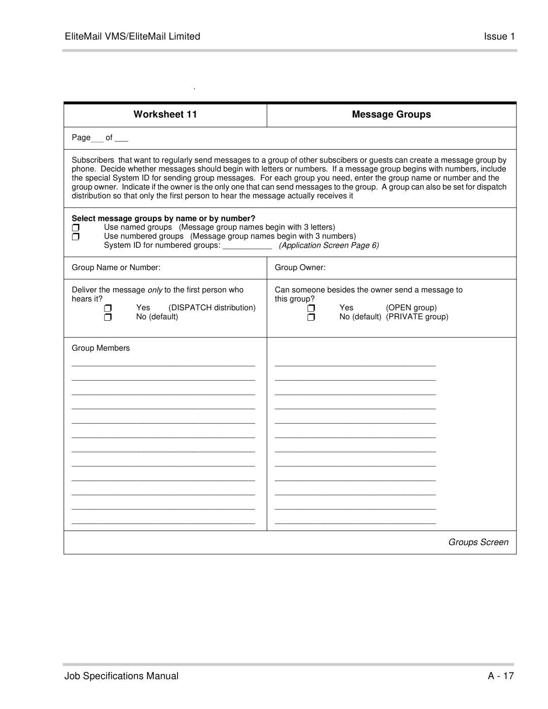 NEC 750176-1 manual Worksheet Message Groups, Select message groups by name or by number? 