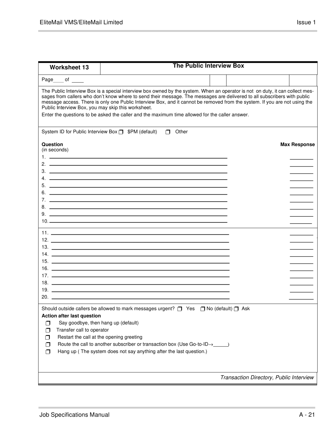 NEC 750176-1 manual Worksheet Public Interview Box, Question Max Response 