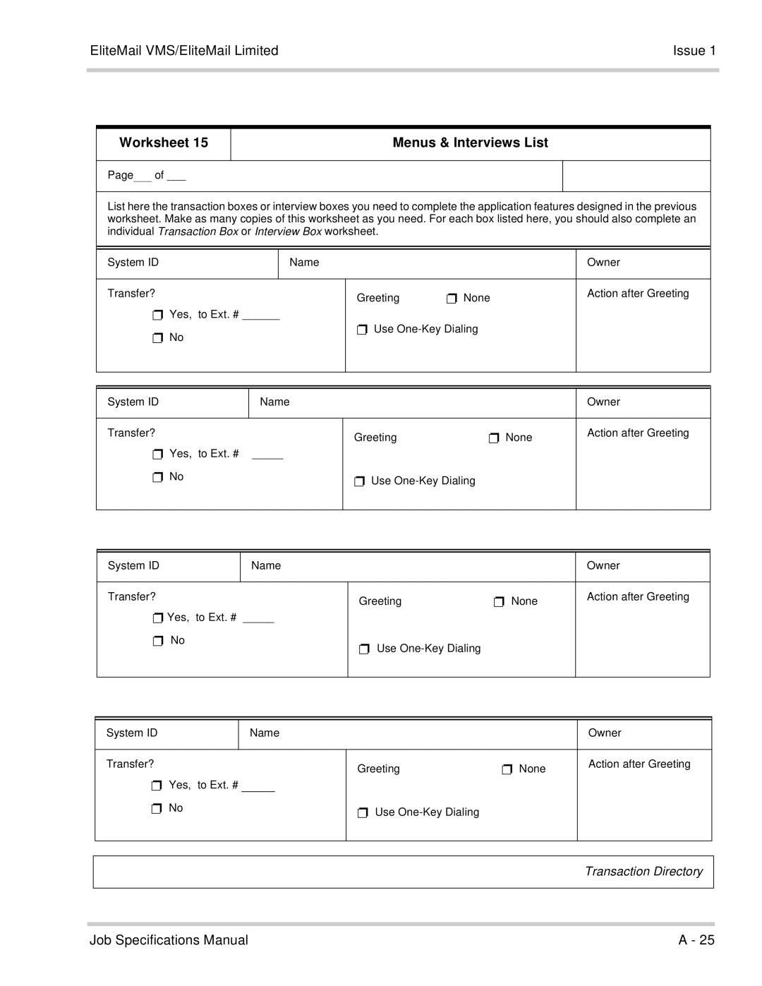 NEC 750176-1 manual Worksheet Menus & Interviews List 