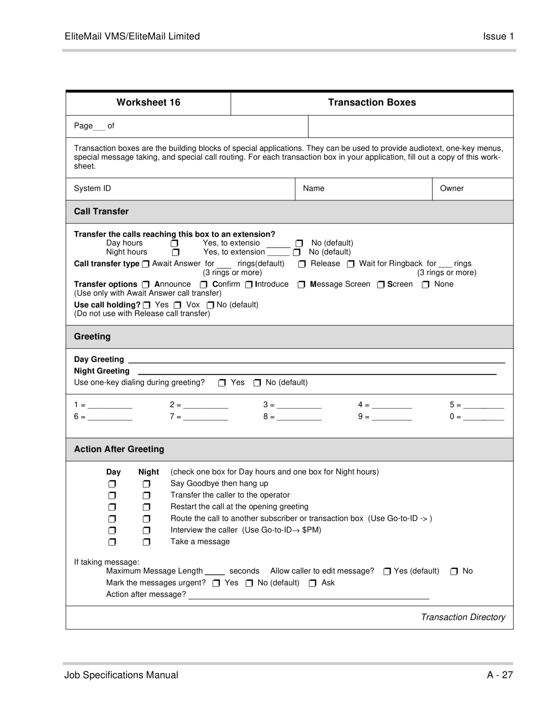 NEC 750176-1 manual Worksheet Transaction Boxes, Transfer the calls reaching this box to an extension? 