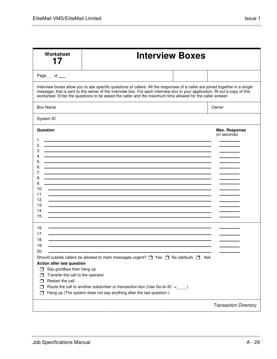 NEC 750176-1 manual Worksheet, Question Max. Response 