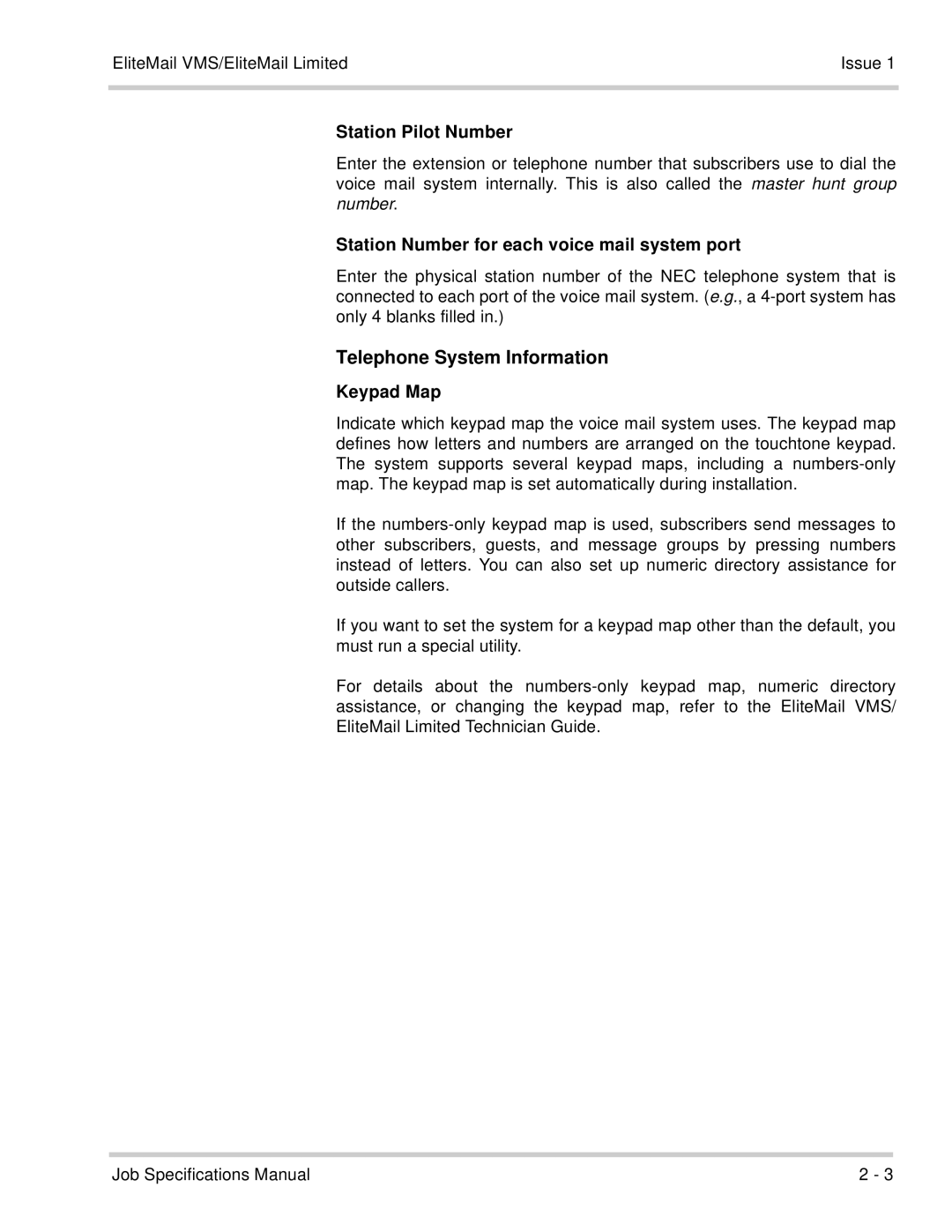 NEC 750176-1 manual Telephone System Information, Station Pilot Number, Station Number for each voice mail system port 