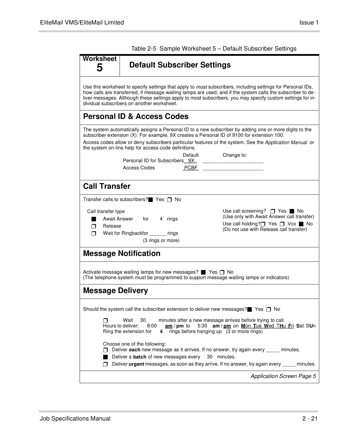 NEC 750176-1 manual Default Subscriber Settings, Personal ID & Access Codes, Call Transfer, Message Notification 