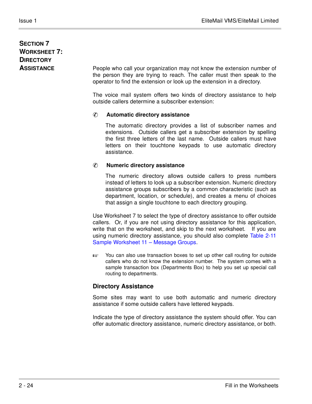 NEC 750176-1 manual Section Worksheet Directory Assistance, Callers determine a subscriber extension 