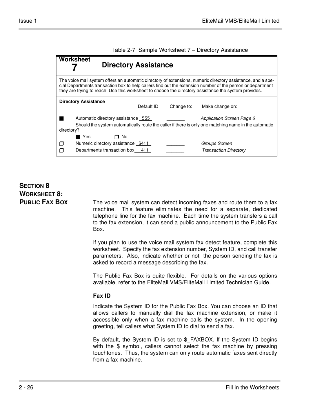 NEC 750176-1 manual Directory Assistance, Fax ID, Section Worksheet Public FAX BOX 