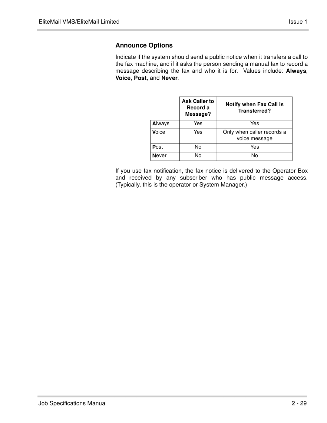 NEC 750176-1 manual Announce Options 