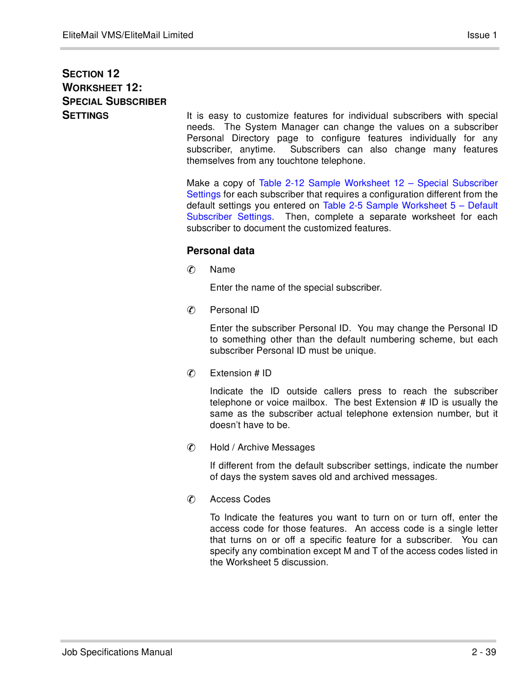 NEC 750176-1 manual Personal data, EliteMail VMS/EliteMail Limited Issue, Section Worksheet Special Subscriber Settings 