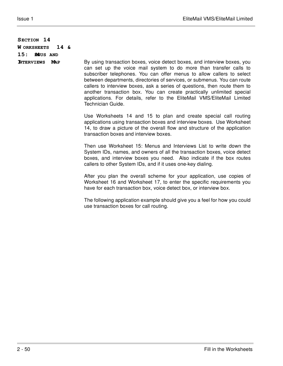 NEC 750176-1 manual Section Worksheets Menus Interviews MAP, Technician Guide, Transaction boxes and interview boxes 