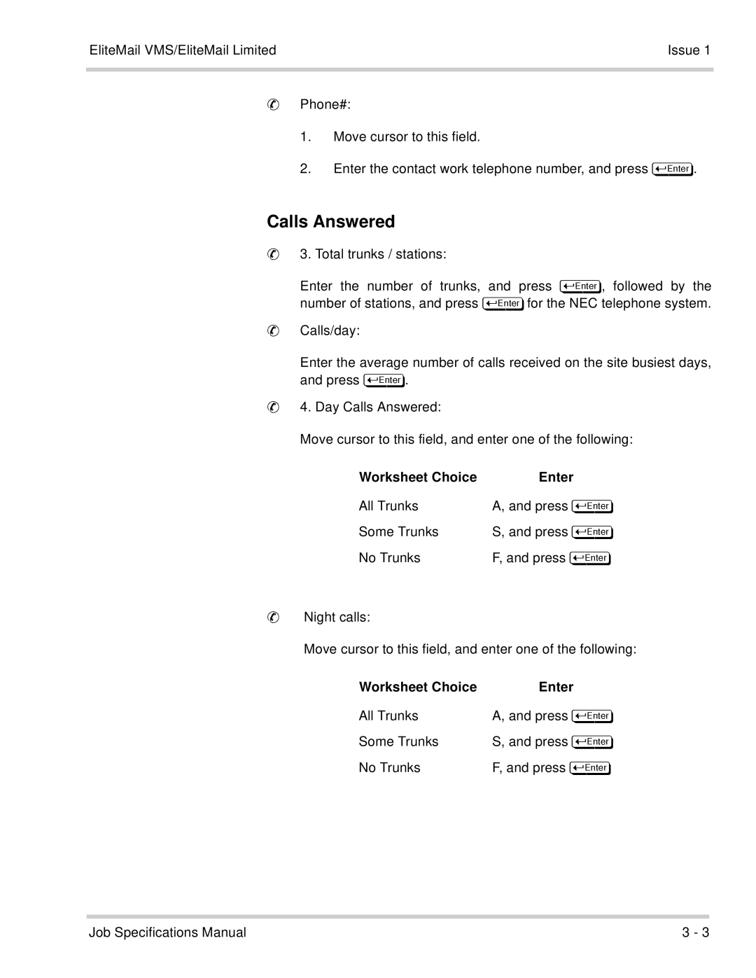 NEC 750176-1 manual Calls Answered, Total trunks / stations, Worksheet Choice Enter, All Trunks Press Some Trunks 