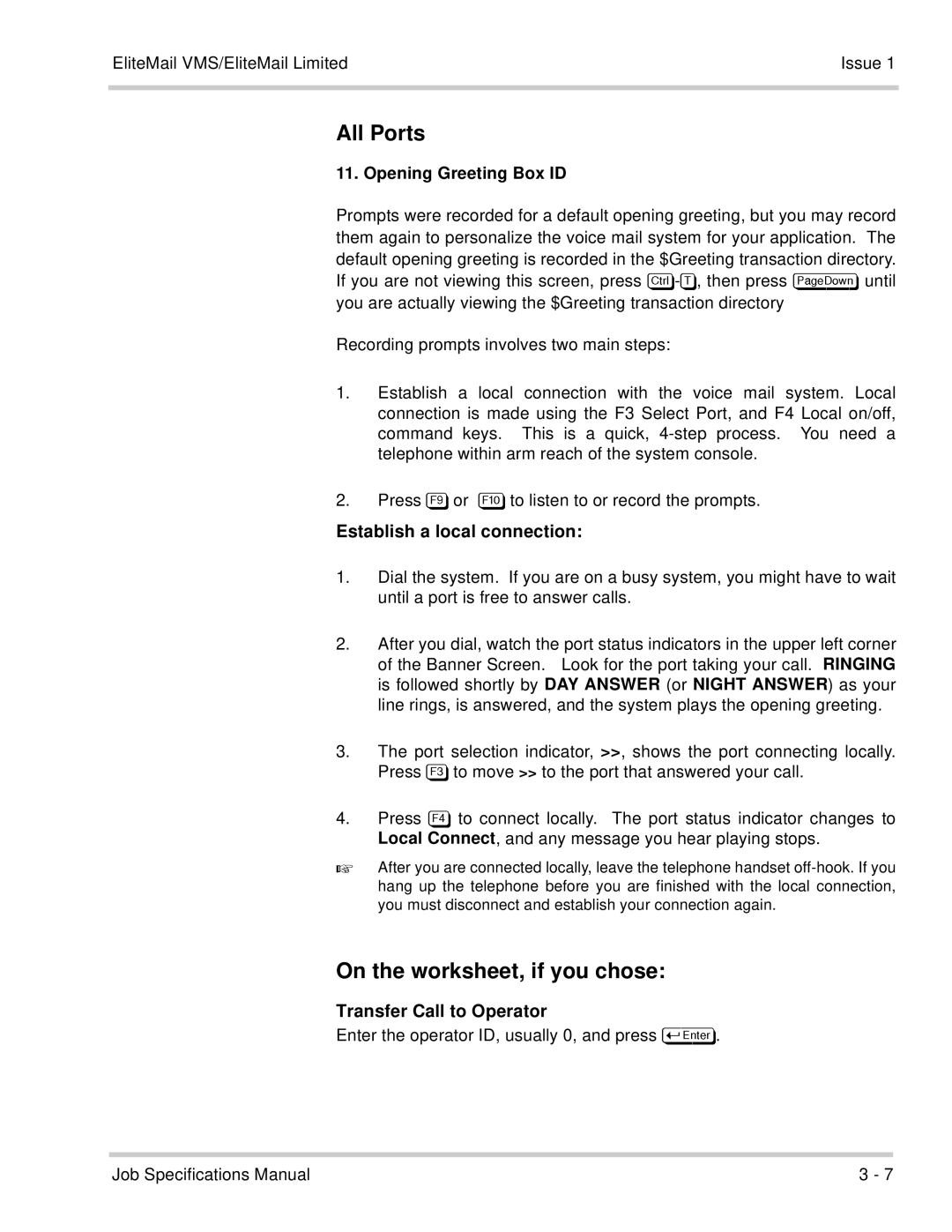 NEC 750176-1 manual All Ports, On the worksheet, if you chose, Establish a local connection, Transfer Call to Operator 