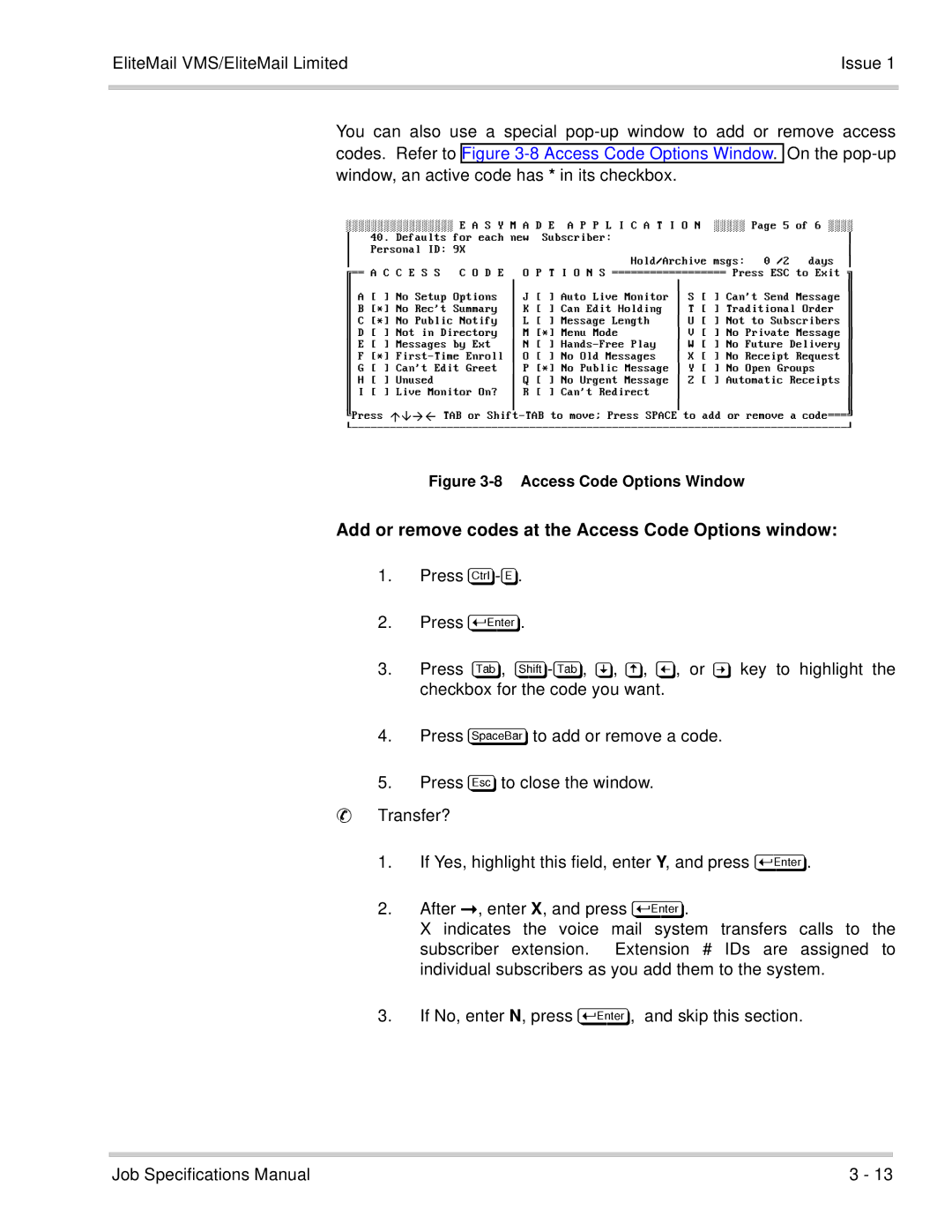 NEC 750176-1 manual Add or remove codes at the Access Code Options window 