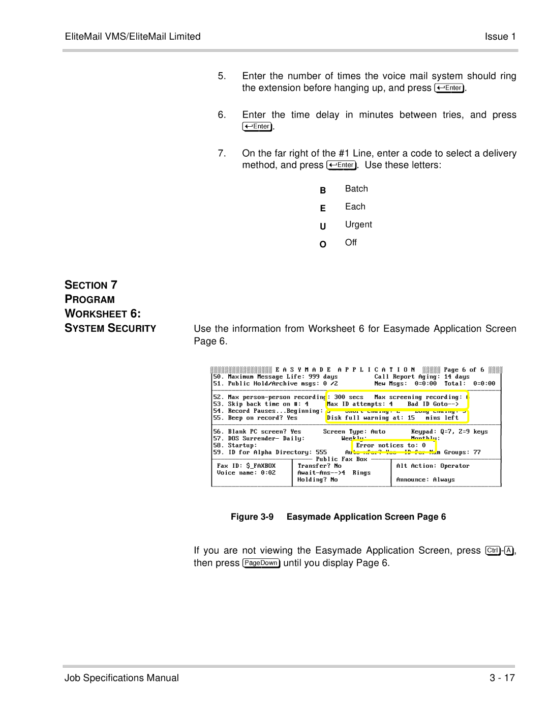 NEC 750176-1 manual Section Program Worksheet System Security, Batch Each Urgent 