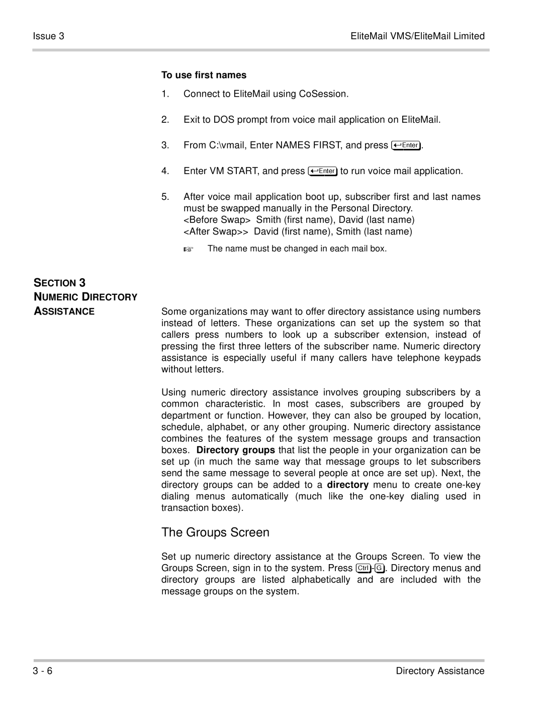 NEC 750370 Groups Screen, To use first names, Section Numeric Directory Assistance, Without letters, Transaction boxes 