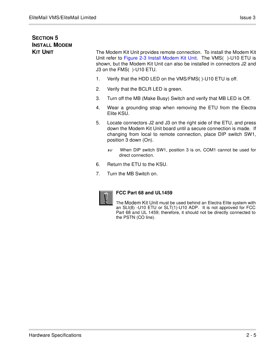 NEC 750370 manual Section Install Modem KIT Unit, FCC Part 68 and UL1459 