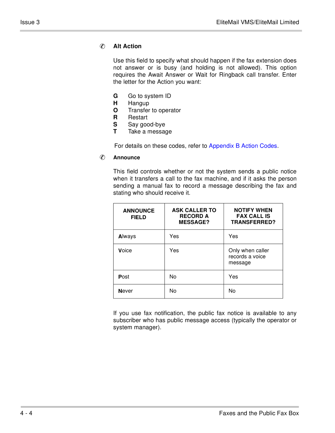 NEC 750370 manual Issue EliteMail VMS/EliteMail Limited, Alt Action 