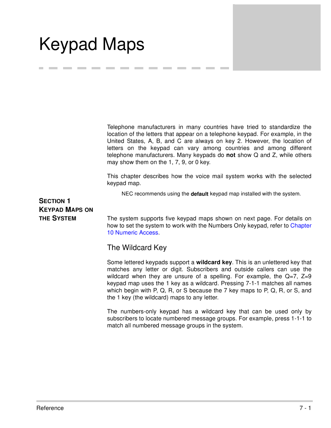 NEC 750370 manual Wildcard Key, Keypad Maps on System, Numeric Access 