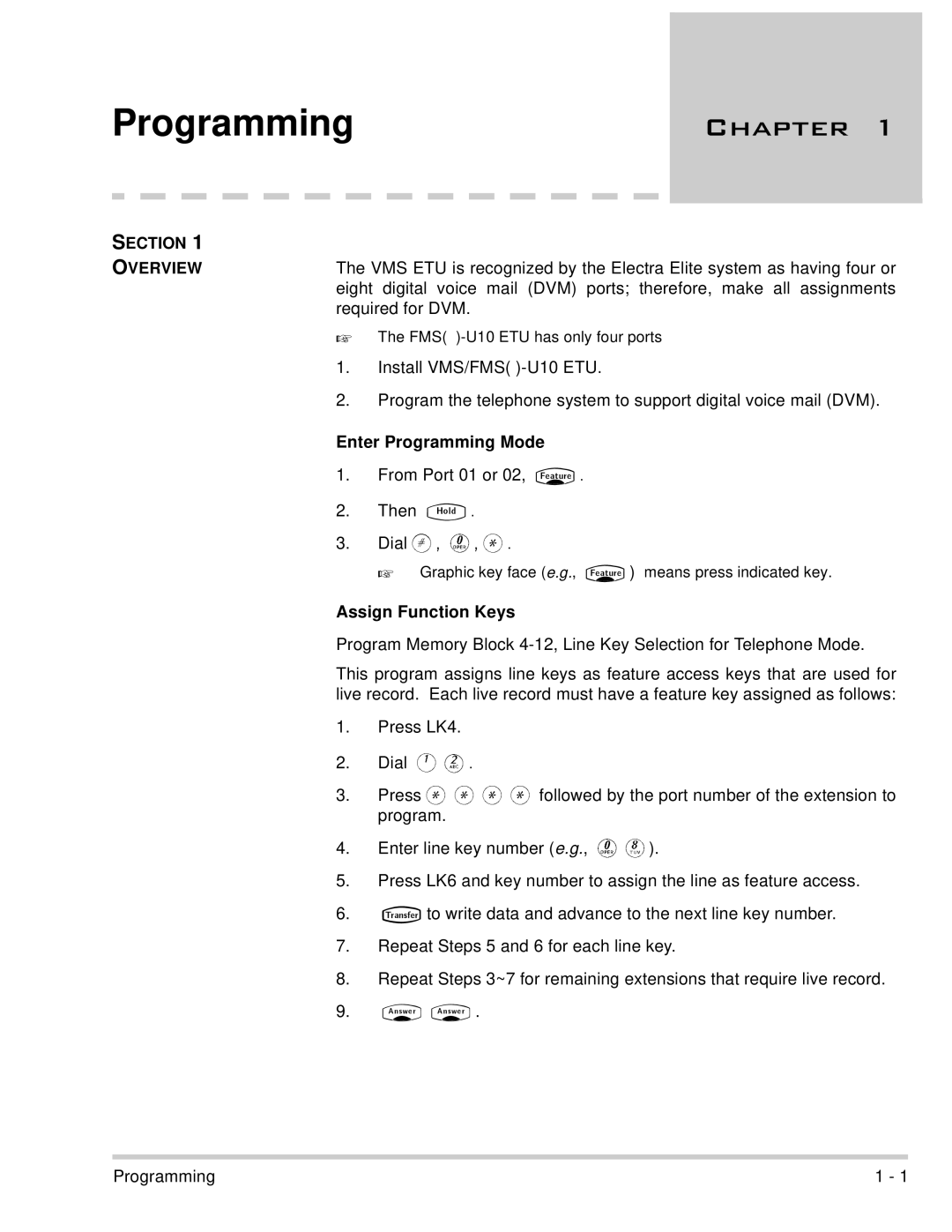 NEC 750370 manual Section Overview, Required For DVM, Enter Programming Mode, From Port 01 or Then, Assign Function Keys 