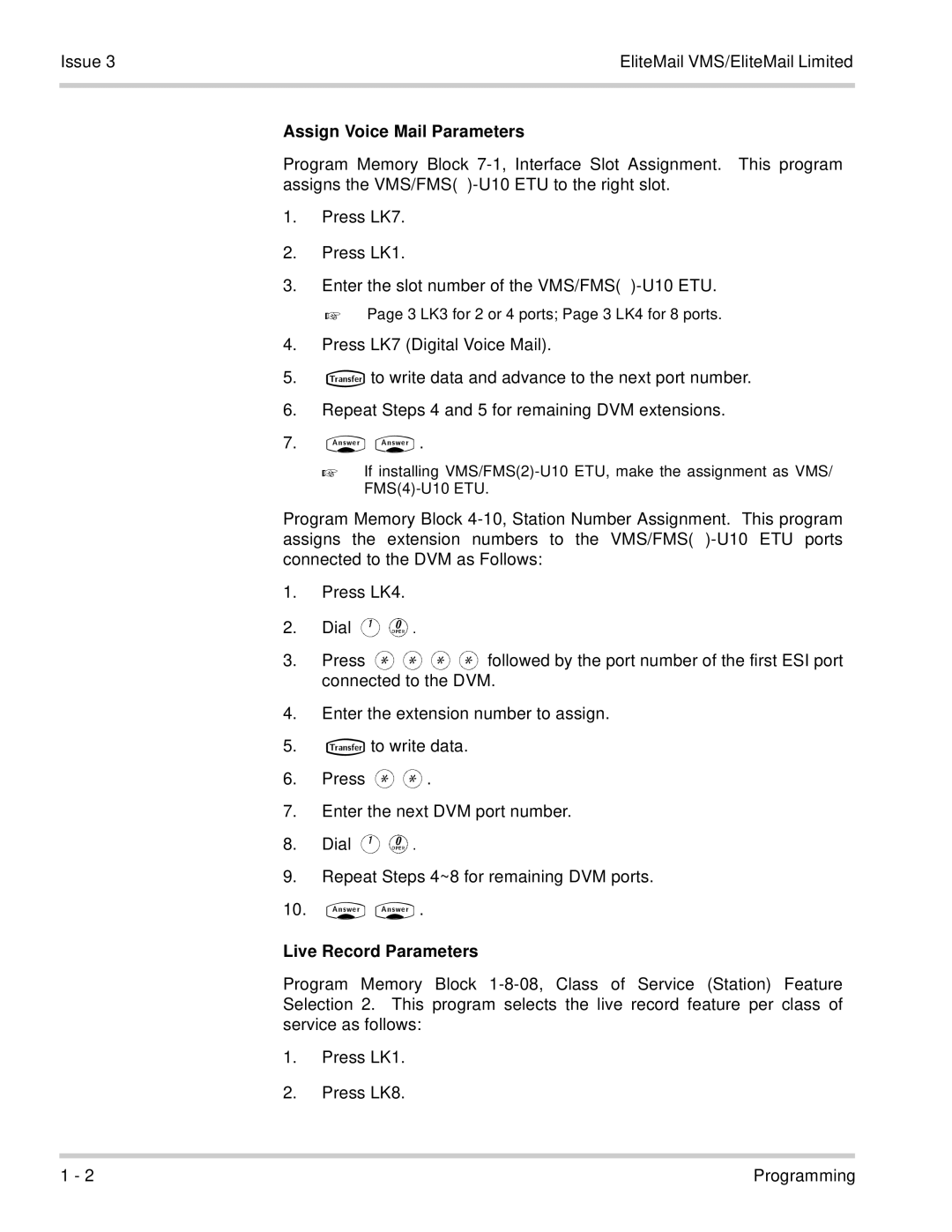 NEC 750370 manual Assign Voice Mail Parameters, Live Record Parameters 