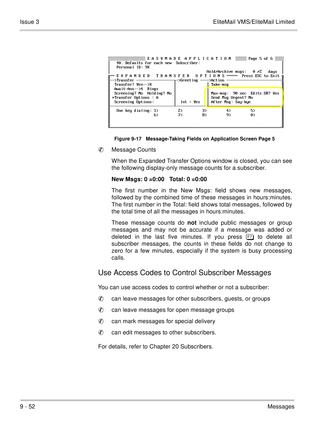 NEC 750370 manual Use Access Codes to Control Subscriber Messages, New Msgs 0 =000 Total 0 =000 