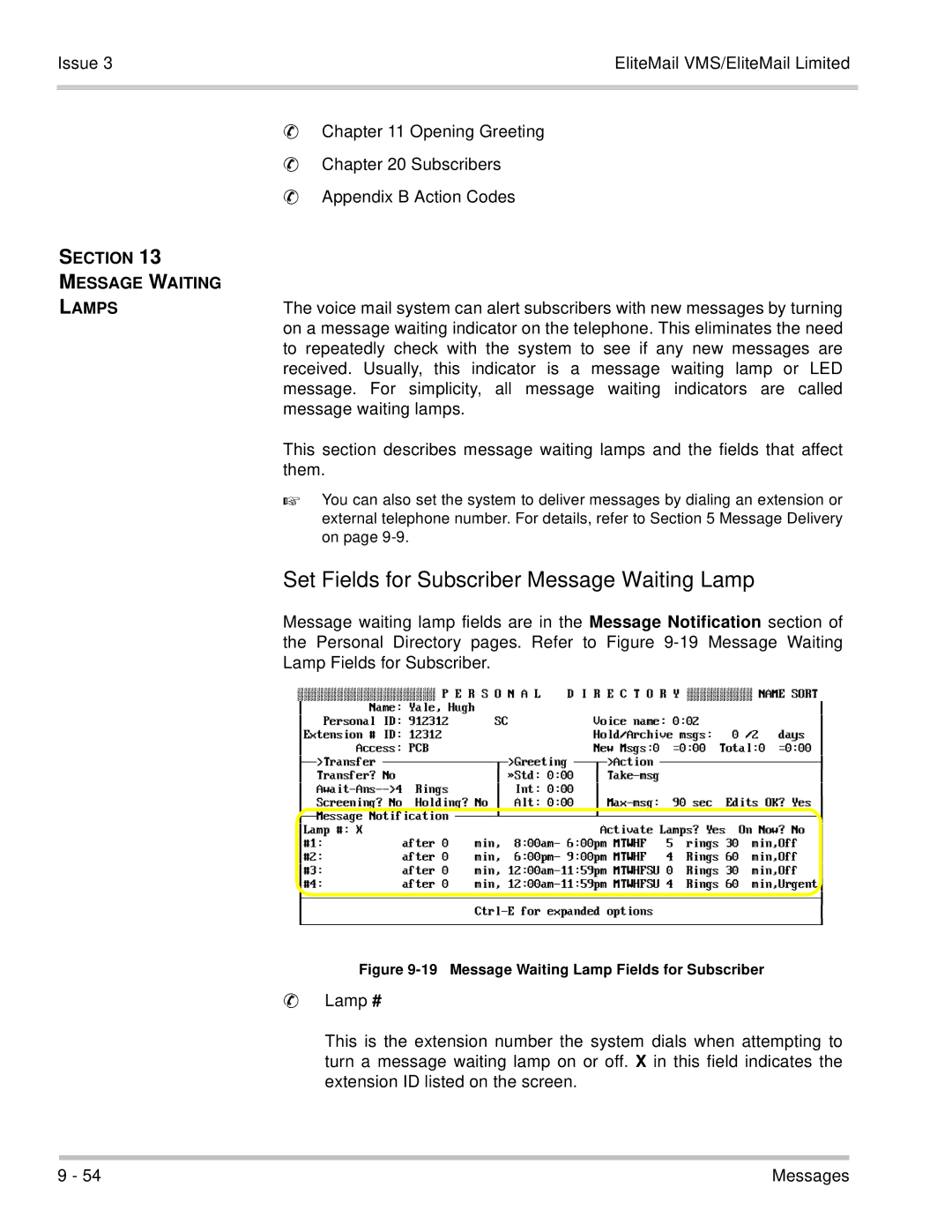 NEC 750370 manual Set Fields for Subscriber Message Waiting Lamp, Section Message Waiting Lamps 