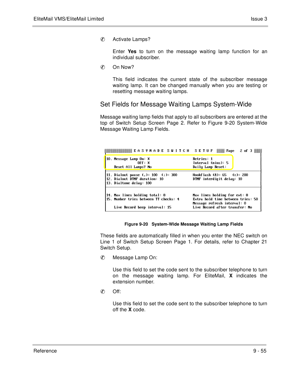 NEC 750370 manual Set Fields for Message Waiting Lamps System-Wide, On Now?, Resetting message waiting lamps 