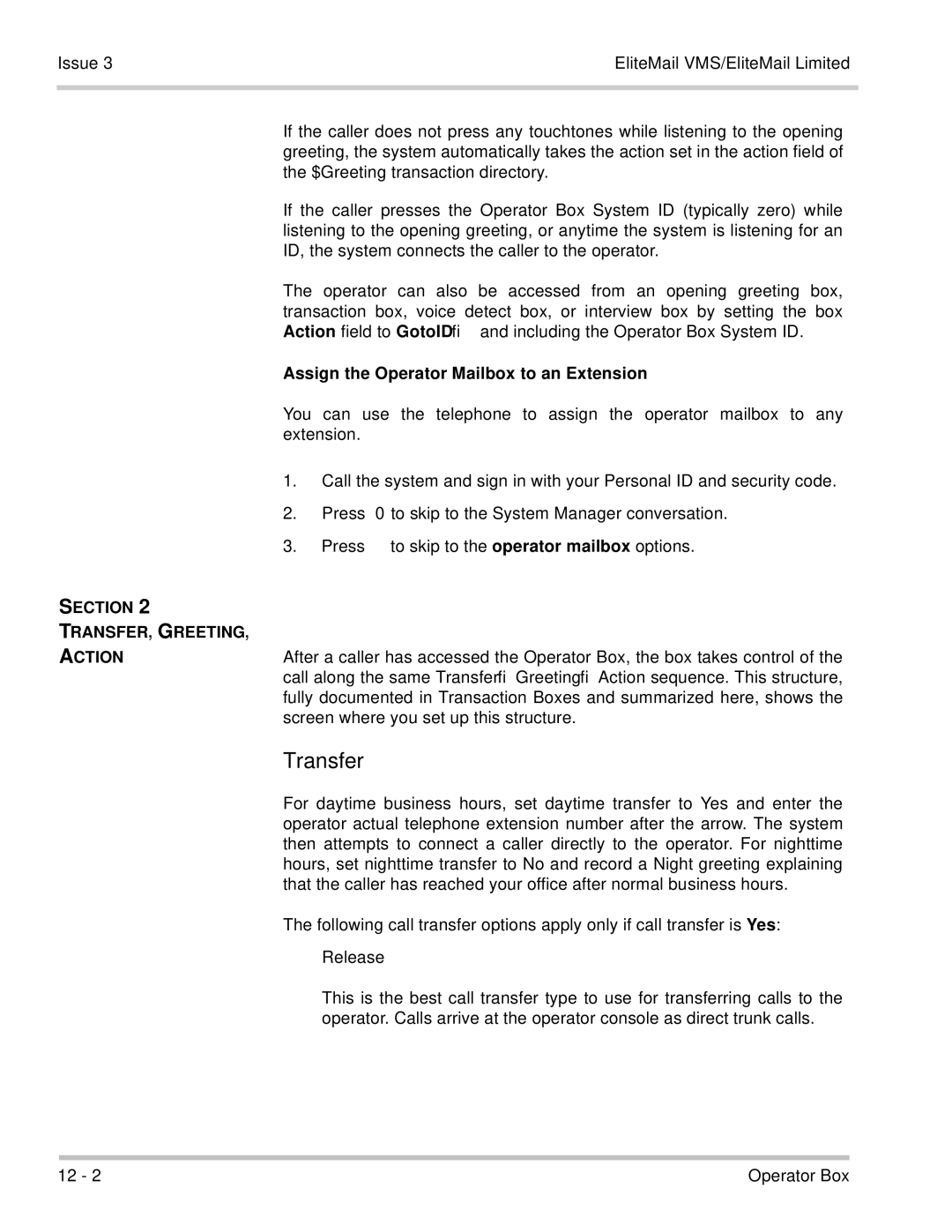 NEC 750370 manual Assign the Operator Mailbox to an Extension, Section Transfer Greeting Action 