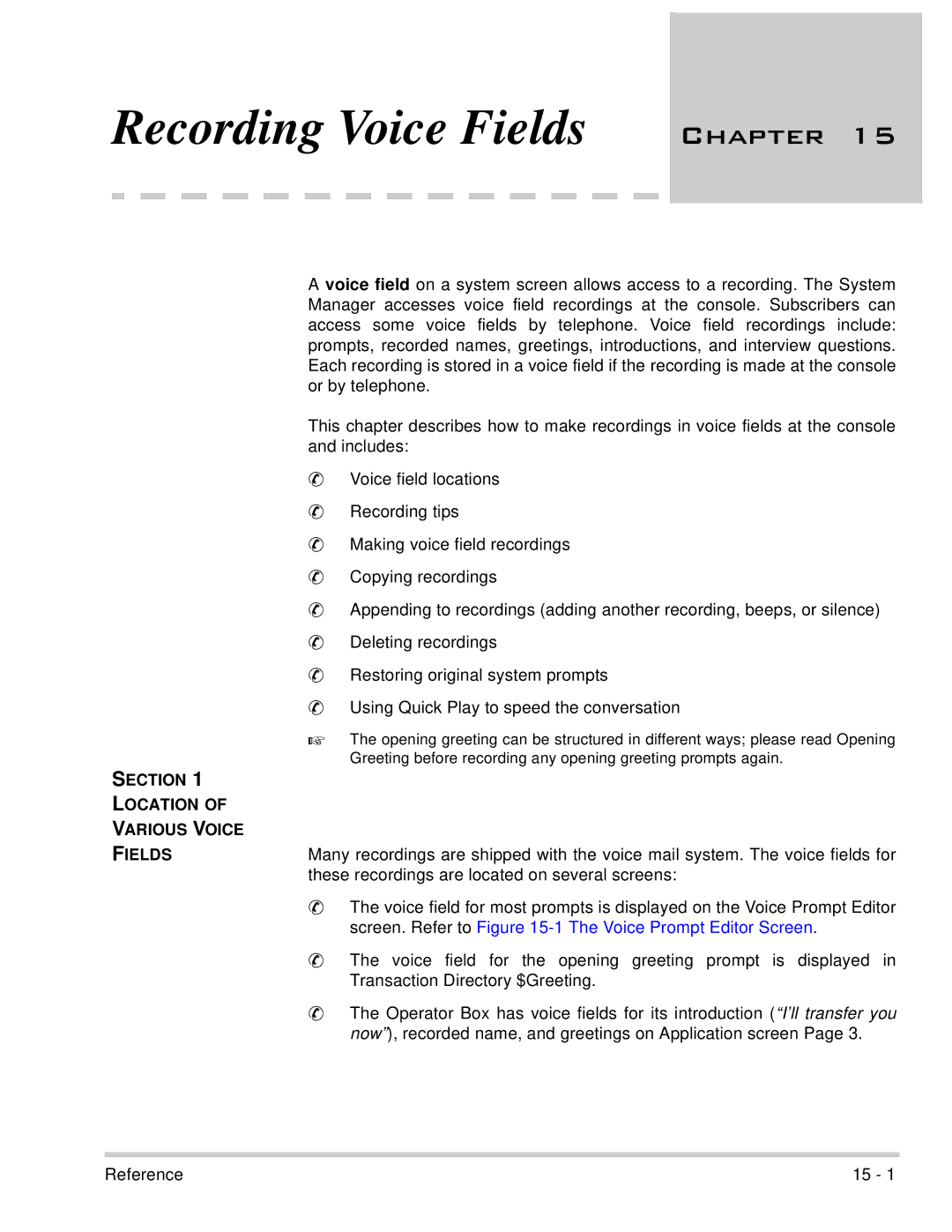 NEC 750370 manual Section Location Various Voice Fields, These recordings are located on several screens 