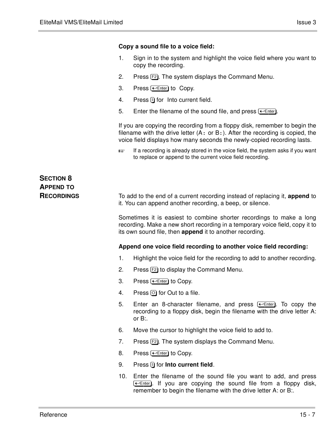 NEC 750370 manual Copy a sound file to a voice field, Section Append to Recordings, For Into current field 