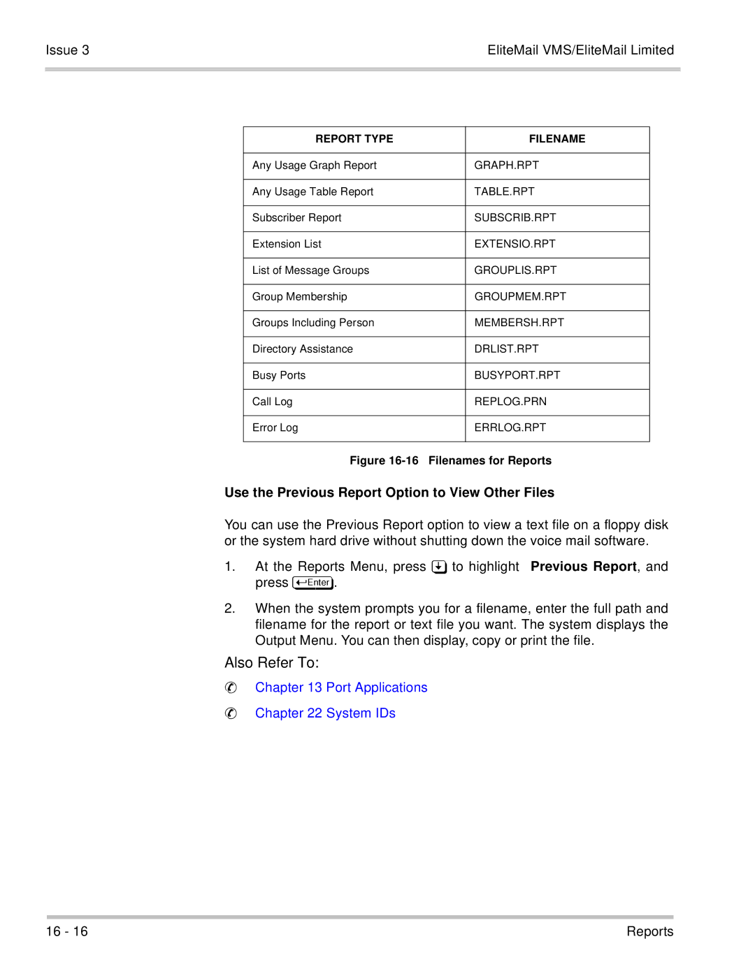 NEC 750370 manual Use the Previous Report Option to View Other Files, Port Applications System IDs 