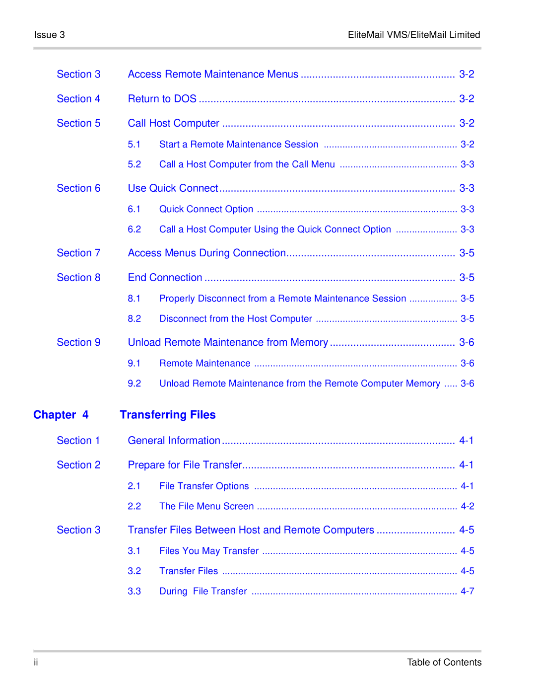 NEC 750370 manual Issue 3EliteMail VMS/EliteMail Limited, File Transfer Options File Menu Screen, Table of Contents 