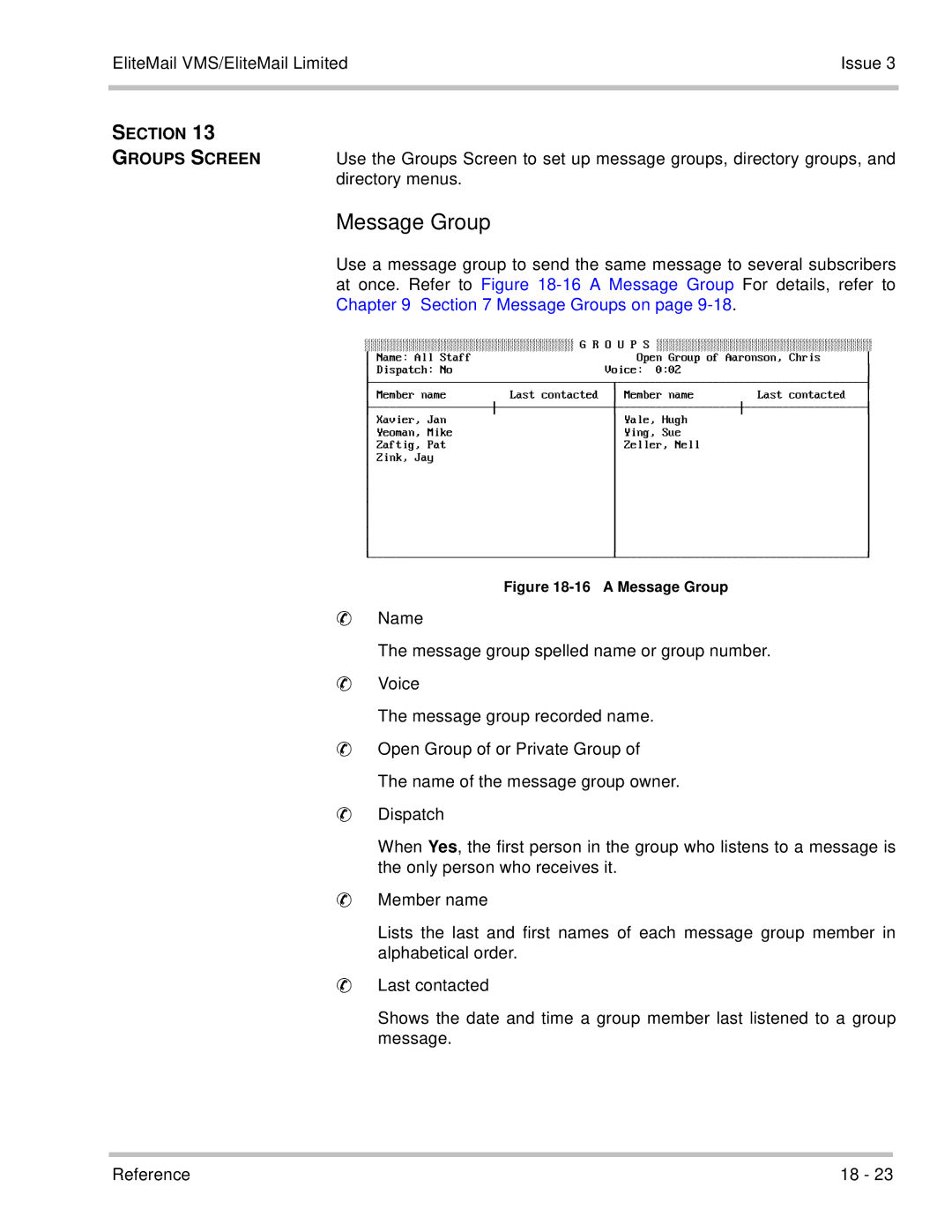 NEC 750370 manual Message Group, Section Groups Screen, Directory menus 